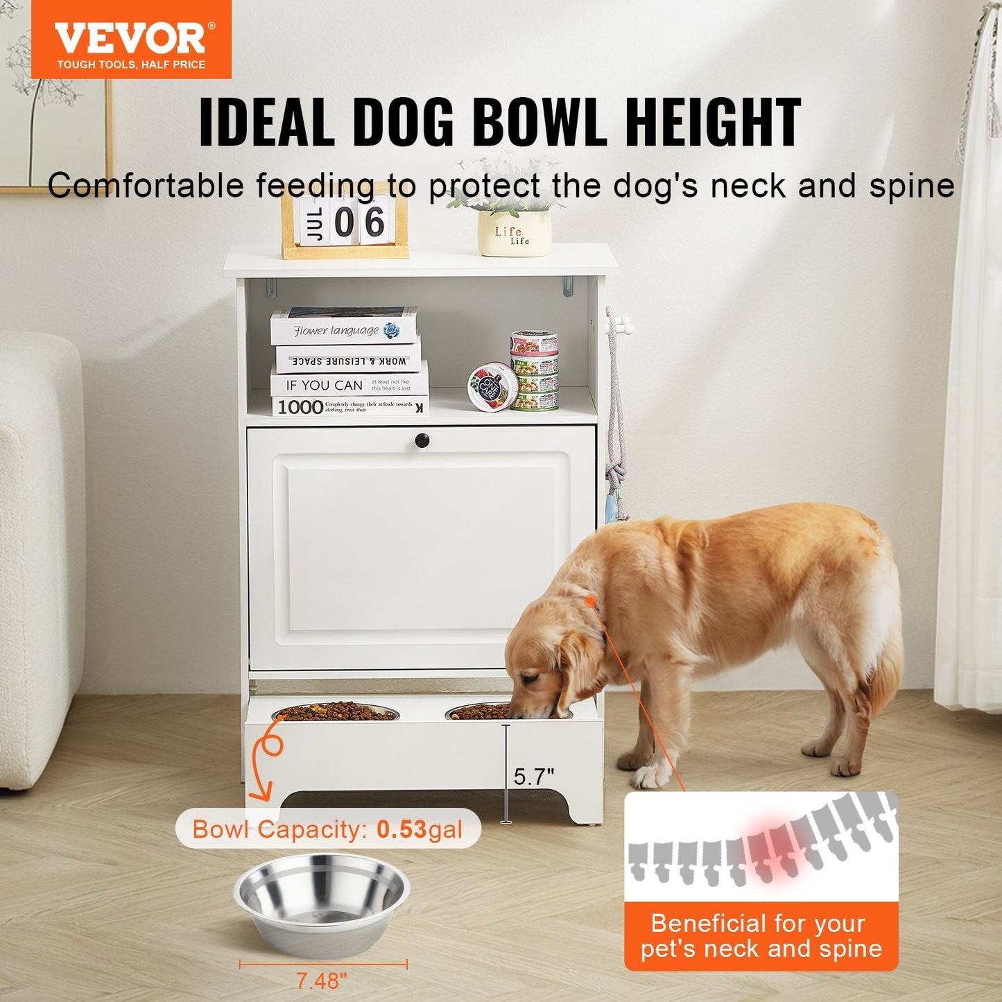 VEVOR Pet Feeding Station W 2 Elevated Dog Bowls Dog Food & Toy Storage Cabinet